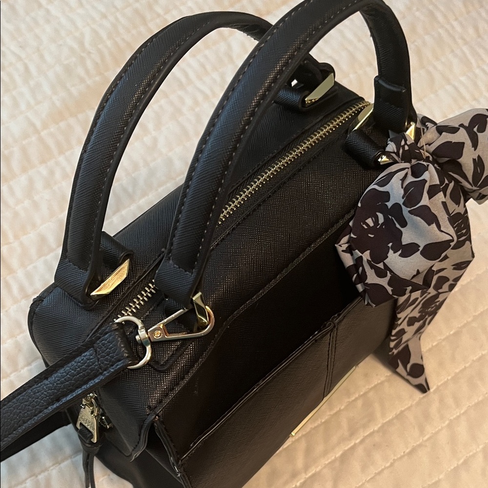 Steve Madden Black Satchel with Floral Scarf Accent Shoulder Bag - Picture 5 of 12